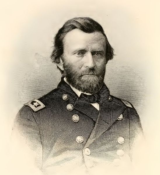 An engraving shows a close-up portrait of Ulysses S. Grant from the chest up, facing slightly to the right. He has a trimmed beard and short hair, wearing a dark military uniform with brass buttons and general's stars on his shoulder straps.