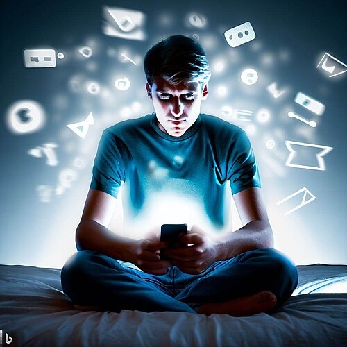 Young person sitting on a bed and looking at a phone, surrounded by glowing social media and message icons.