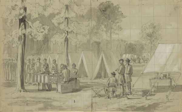 A pencil sketch shows a line of soldiers in a military camp waiting to cast their ballots at a table set up under the trees. Several officers and clerks sit behind the table with inkwells and papers to process the voters, while rows of tents stand in the background.