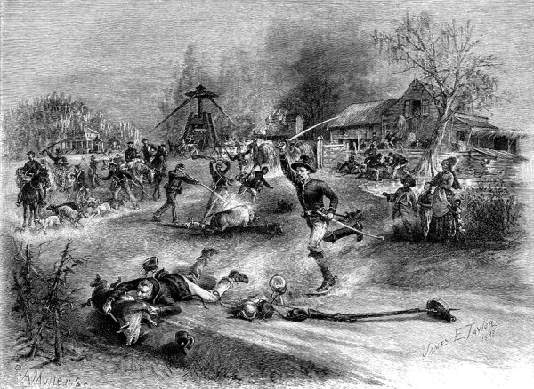 A wood engraving depicts Union soldiers foraging on a Southern farm during the Civil War, showing troops seizing livestock and supplies while a family watches in the background. In the foreground, a soldier brandishes a sword while others wrestle with hogs and carry off poultry, illustrating the direct destruction of personal property and food sources.