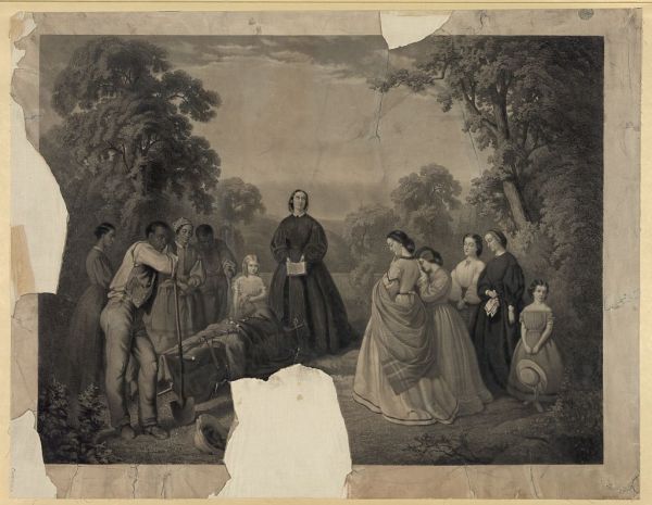 An engraving depicts a group of women and Black individuals gathered in a wooded clearing for the solemn burial of a figure draped in a flag. The central focus is a woman reading from a small book while a man rests his hands on a shovel near the open grave, capturing a moment of communal mourning and labor.