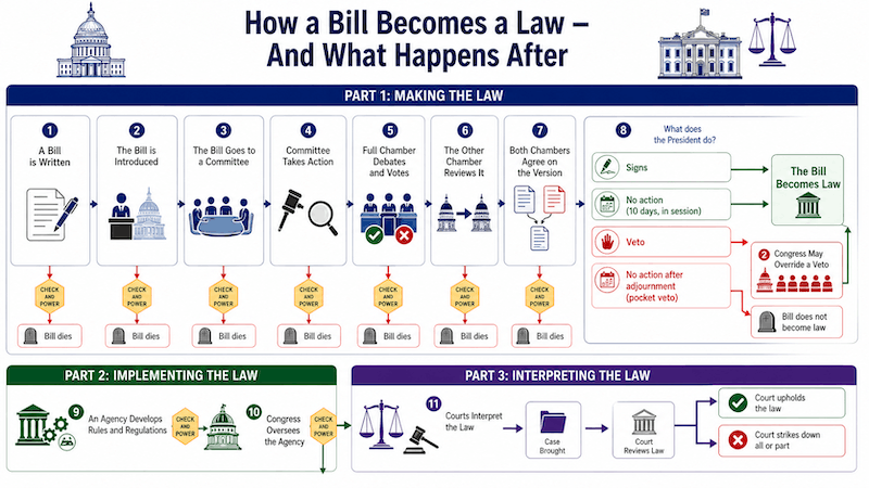 Infographic titled “How a Bill Becomes a Law — And What Happens After.” It shows the lawmaking process from a bill being written, introduced, reviewed by committee, debated and voted on, sent to the other chamber, approved by both chambers, and sent to the President. The President may sign it, allow it to become law without signing, veto it, or pocket veto it. Congress may override a veto. After a bill becomes law, executive agencies create rules, and Congress oversees them. Courts may later review the law if a case is brought.