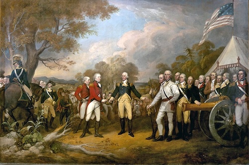 A large color painting depicts a military ceremony in a field, with American and British officers shaking hands in the center. An American flag flies above a large tent and cannon on the right, while other officers stand by watching the exchange.