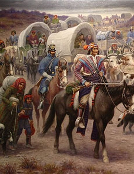 A detailed historical painting depicts a long column of people on the Trail of Tears, with Native Americans on horseback leading a procession of covered wagons, livestock, and families on foot. Soldiers on horseback accompany the group, observing as the displaced people make their difficult journey.