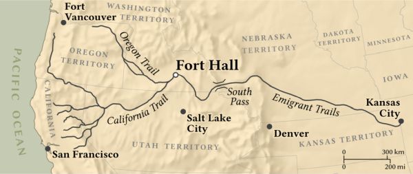A historical map illustrates the routes of the Oregon Trail, California Trail, and other Emigrant Trails in the mid-19th century, starting from Kansas City and heading west toward the Pacific. Key destinations labeled include Fort Vancouver, San Francisco, Fort Hall, and Salt Lake City, across territories like Oregon, Utah, and California