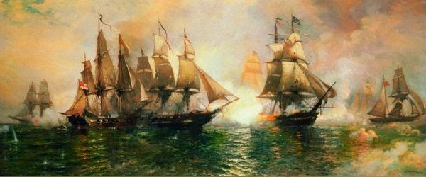 An oil painting depicts multiple tall ships engaged in a fierce naval battle, with billows of white cannon smoke rising from their decks into a glowing sky. American and British warships exchange fire at close range, their sails showing battle damage above choppy green waters. 