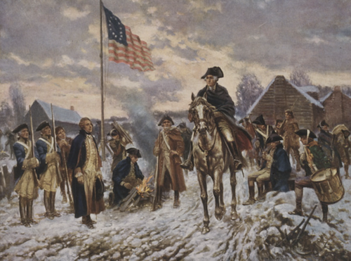 A color painting shows George Washington on horseback, with the American flag flying on a pole behind him, in a snowy military camp. In the background, soldiers are gathered around a fire, and other soldiers stand in formation with their rifles.