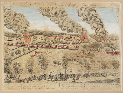 A colored engraving depicts a battle scene showing columns of red-coated British soldiers marching through a hilly, rural landscape. In the background, fires and large plumes of smoke rise from buildings, while colonists are scattered in small groups in the foreground.