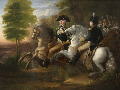 A color painting depicts George Washington on a brown horse, with the Marquis de Lafayette on a white horse riding beside him. The two men are in military uniforms, riding through a dramatic, wooded landscape with other officers visible in the background.