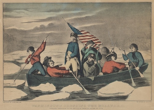 A color print shows George Washington standing in a rowboat with his soldiers as they cross an icy river at night. The men navigate around large ice floes, and the title at the bottom identifies the event as