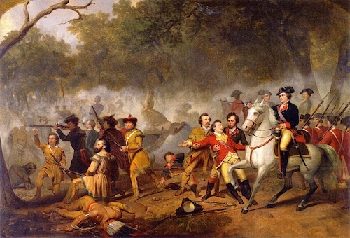 A painting depicts a chaotic battle scene from the French and Indian War. The central figure is a young George Washington on a white horse, directing his troops amidst the chaos of battle and fallen soldiers.