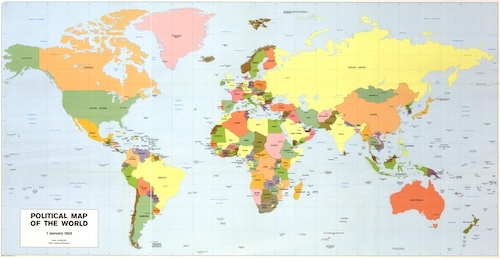 World political map from 1982 showing continents, countries, and international borders.
