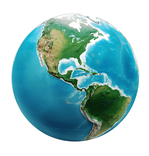 A shaded globe view of Earth, showing continents and oceans in medium resolution.