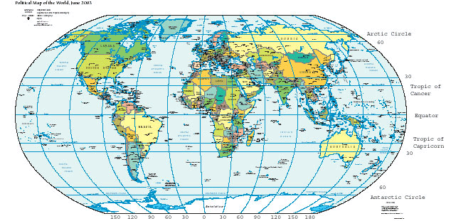 A flat world map displaying latitude and longitude lines, the Equator, Tropic of Cancer, Tropic of Capricorn, Arctic and Antarctic Circles, and the Prime Meridian.

