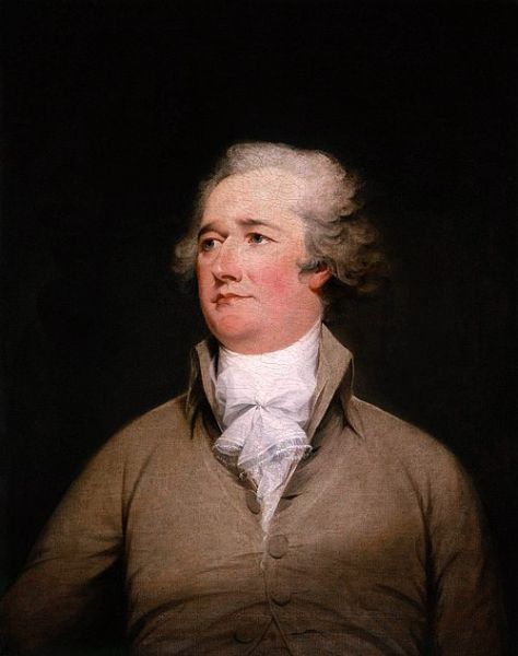 A classic portrait painting depicts Alexander Hamilton, a man with powdered white hair and a pale complexion, looking slightly to the side with a pensive expression. He is dressed in a simple brown coat with a large, ruffled white cravat and high collar, standing against a dark, featureless background.