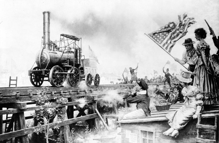 A dynamic, historical illustration in black and white depicts the arrival of an early American steam locomotive on a wooden trestle over cheering crowds. In the foreground, a group of people celebrates the event, including a woman holding a large, tattered American flag.