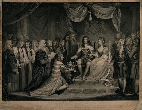 A black-and-white print depicts William and Mary seated on a throne, with a group of English nobles gathered around them. One man kneels before the king, offering him a crown on a pillow, representing the offer of the throne during the Glorious Revolution.