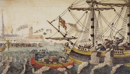A color illustration shows a large sailing ship docked in a busy colonial port with people on its deck and in small boats nearby. In the background, a crowd of people watches from the shore, with a prominent church steeple and other city buildings visible.