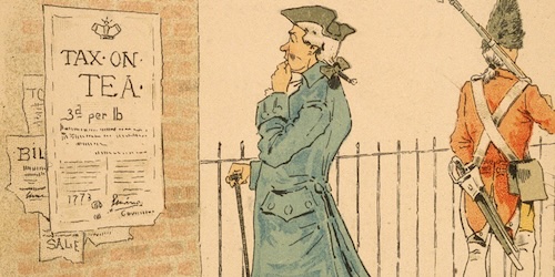 A colored political cartoon with accompanying text depicts a man in colonial attire looking at a
