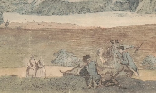 A faint watercolor drawing shows a small group of people, two dogs, and a man holding a stick in a landscape. In the background, there is a large body of water with distant land on the horizon.